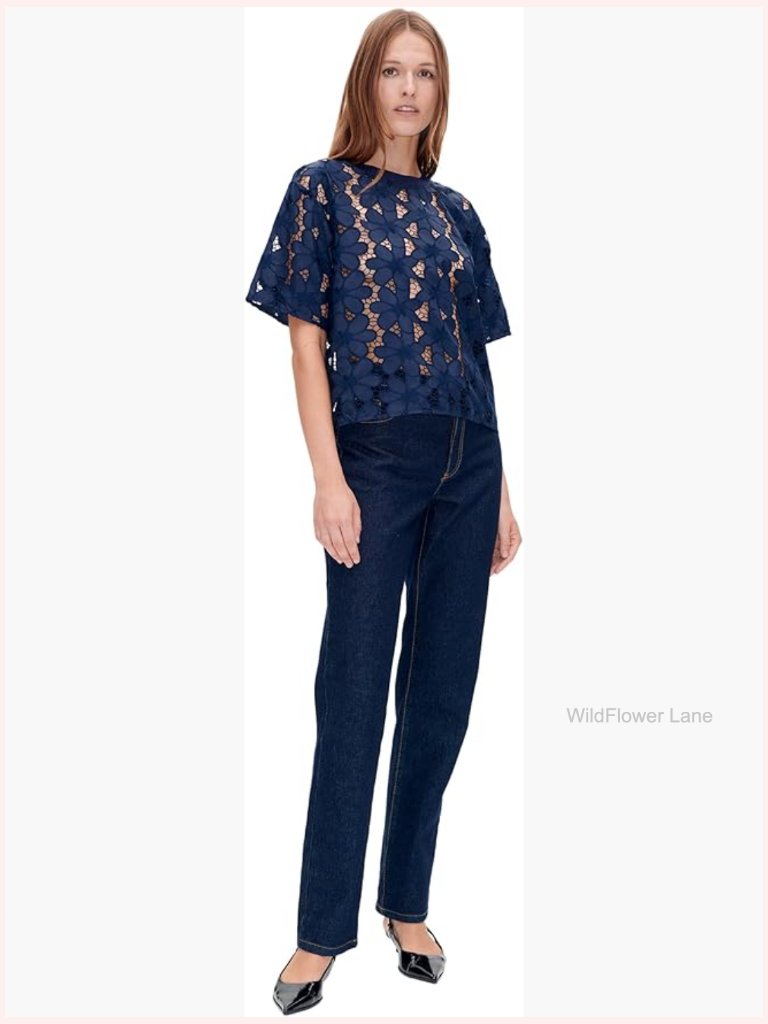 Lace Short Sleeve Blouson Top With Crew Neck